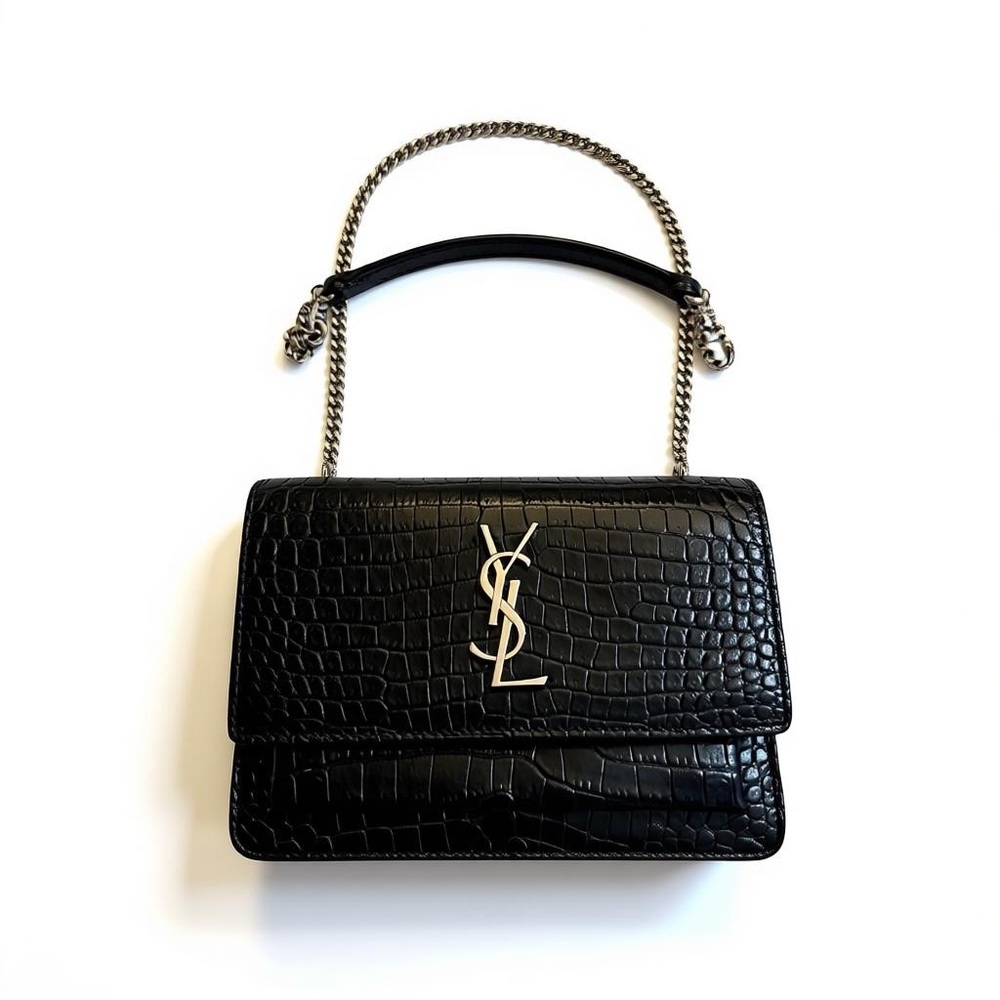 Yves Saint Laurent Black Croc-Embossed Shoulder Bag - Picture 1 of 8